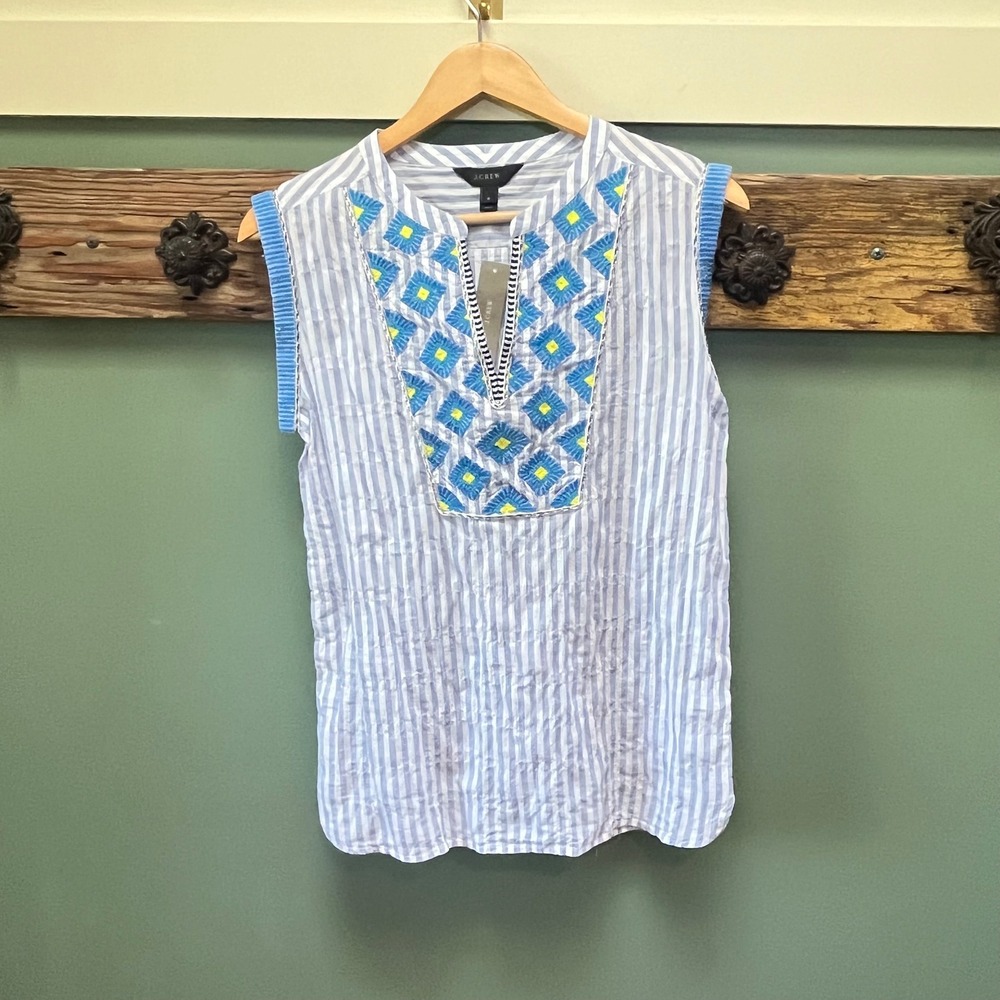 J.Crew Womens Blue White Striped Embroidered Bib Sleeveless Top C7595 Size 0 NWT